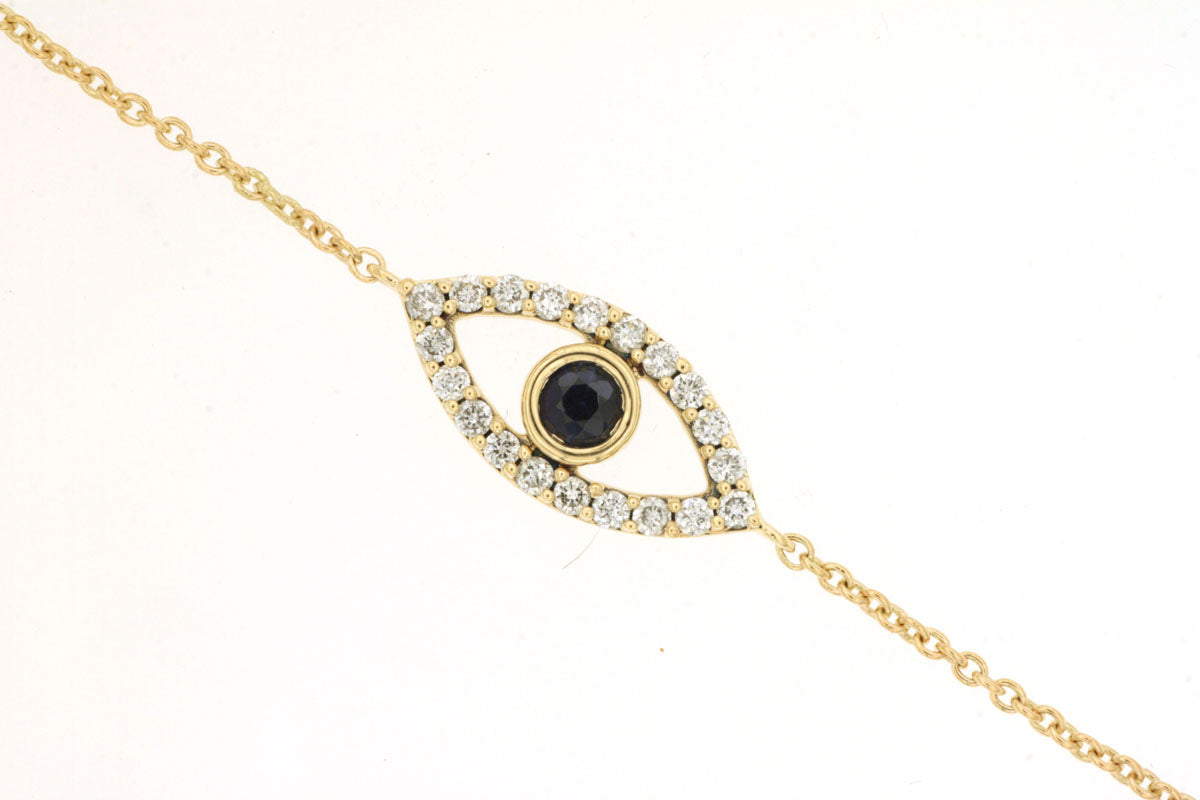 14 Karat Yellow Gold Evil Eye Bracelet with Blue Sapphire and Natural Diamond Accents