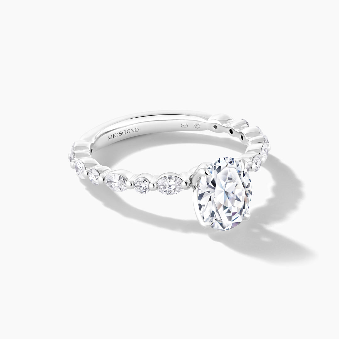 Platinum Oval Shape Engagement Mounting with Oval and RBC Alternating Diamond Band (1.00 CTTW) and Cubic Zirconia