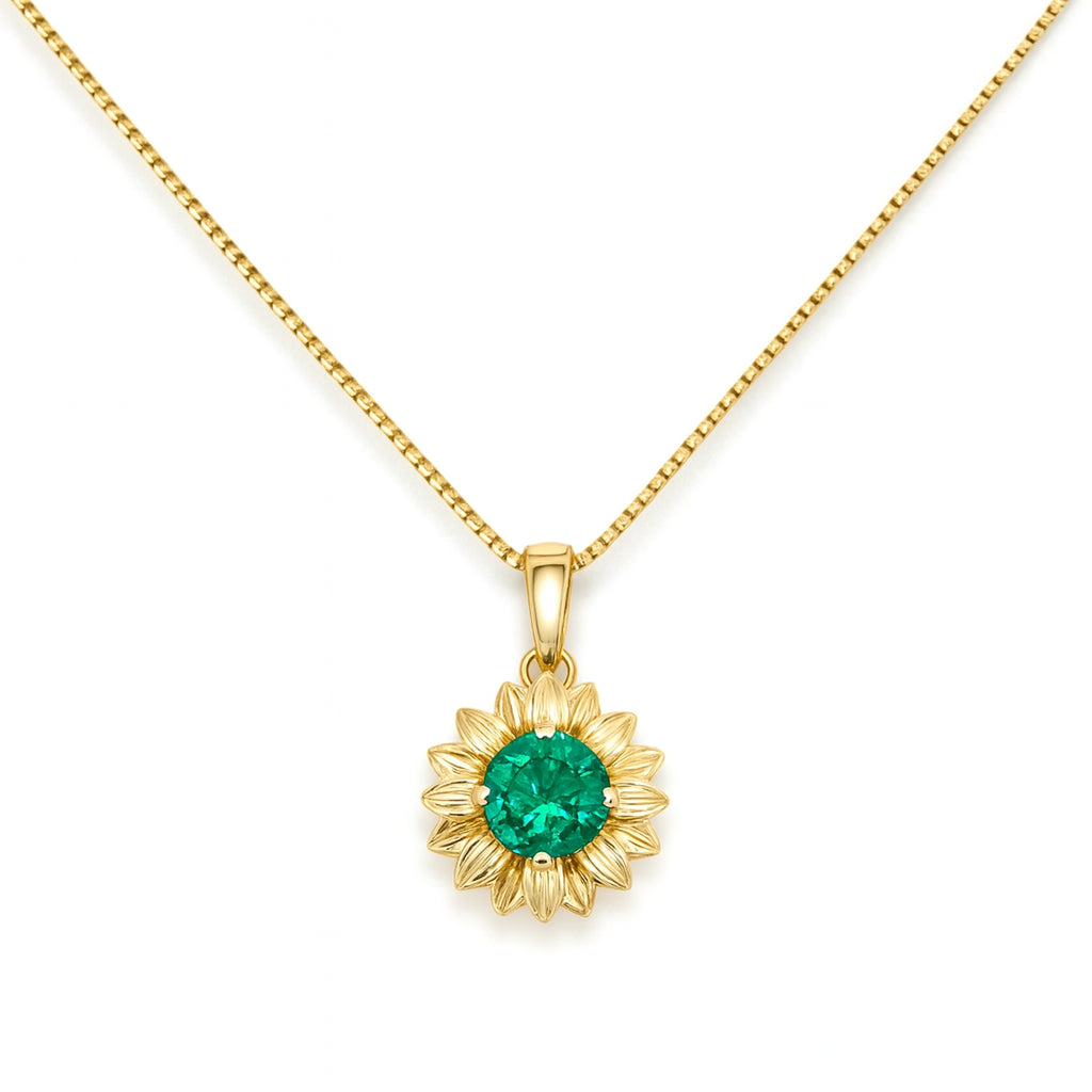 Sunflower Sunburst: 14K Yellow Gold Round Emerald Necklace