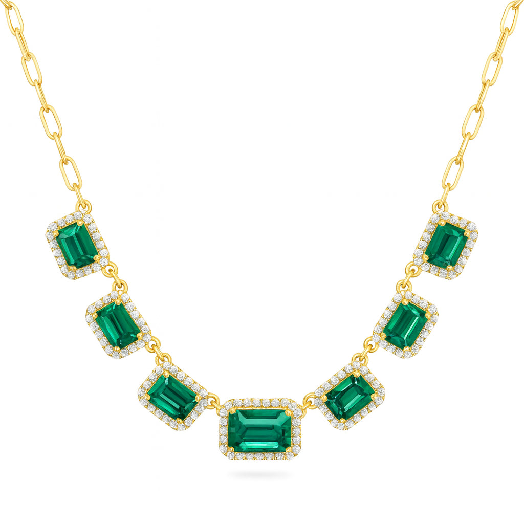 Emerald Graduated Halo Necklace in 14K Yellow Gold, Emerald Shape, 3.25 Carats