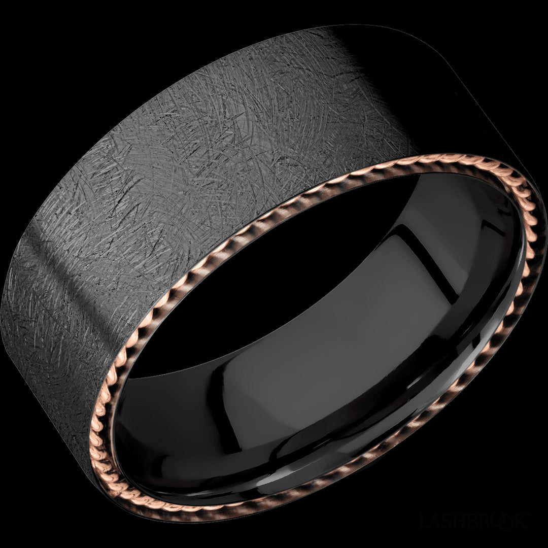 Rustic Charm Wedding Band with Distressed Design and 14k Rose Gold Side Braid - Zirconium Encrusted