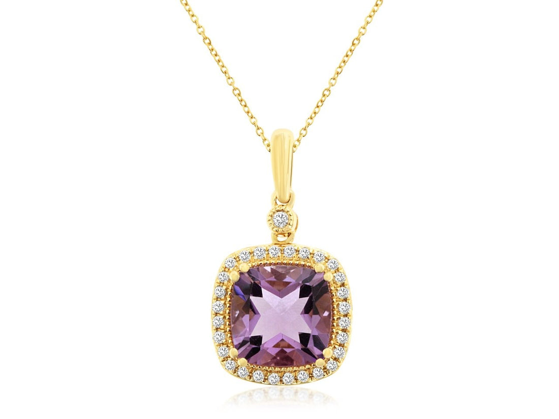 14 Karat Yellow Gold Halo Necklace with Amethyst Gemstone and Natural Diamond Accents