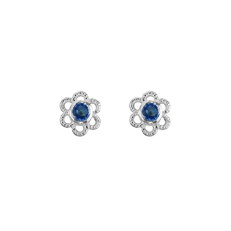 Sterling Silver Flower Child Stud Earrings with Lab Sapphire Embellishment