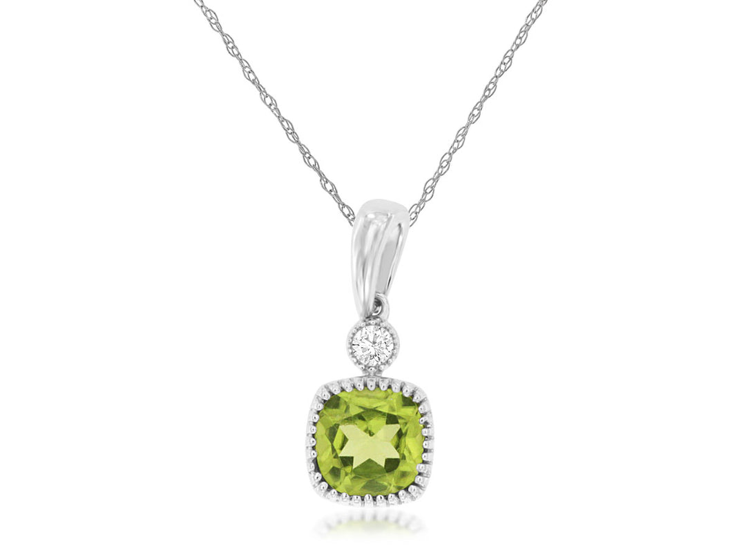 Sparkling Peridot and Diamond Pendant in 14K White Gold - Cushion Shape Necklace