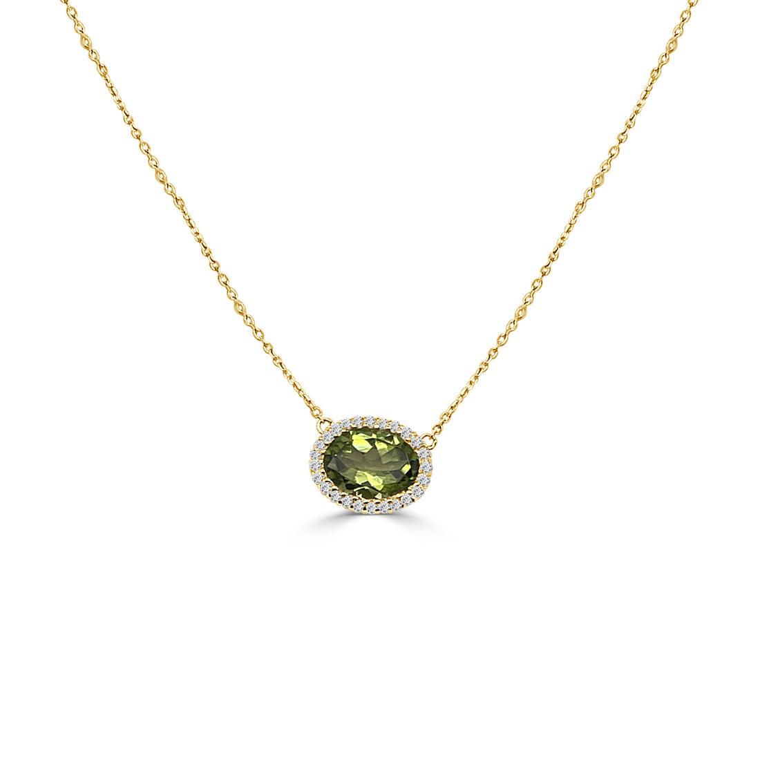 14K Yellow Gold Peridot Necklace with Diamond Halo - 1.30 Carats