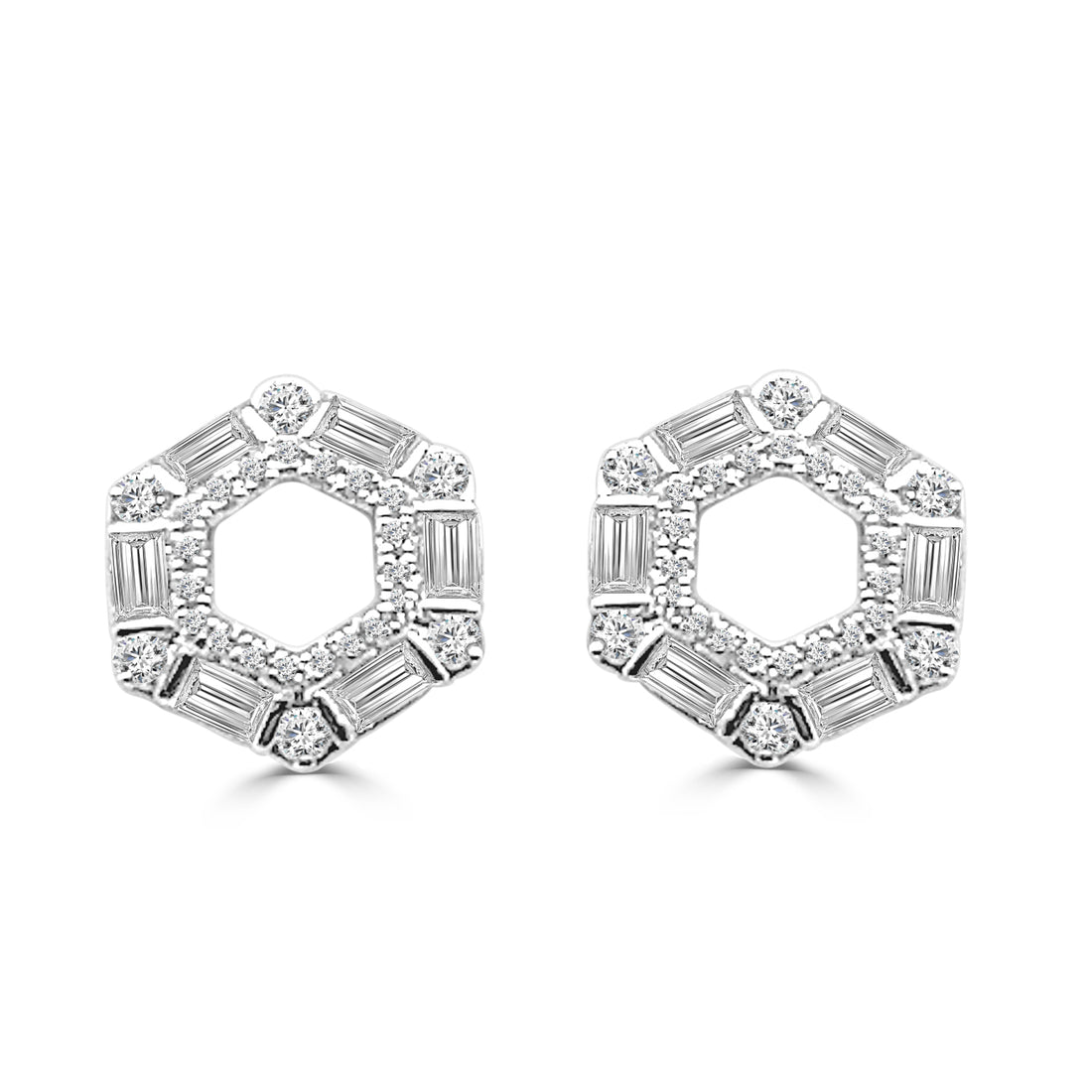 Hexagon Mosaic Diamond Stud Earrings - 14K White Gold with 0.70 ct Natural Diamonds