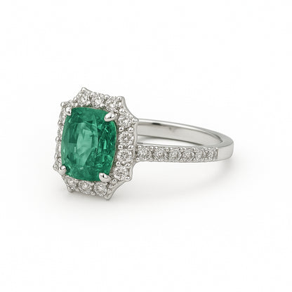Emerald Cushion-Cut Ring with Diamond Halo in 18K White Gold - 2.20 Carats