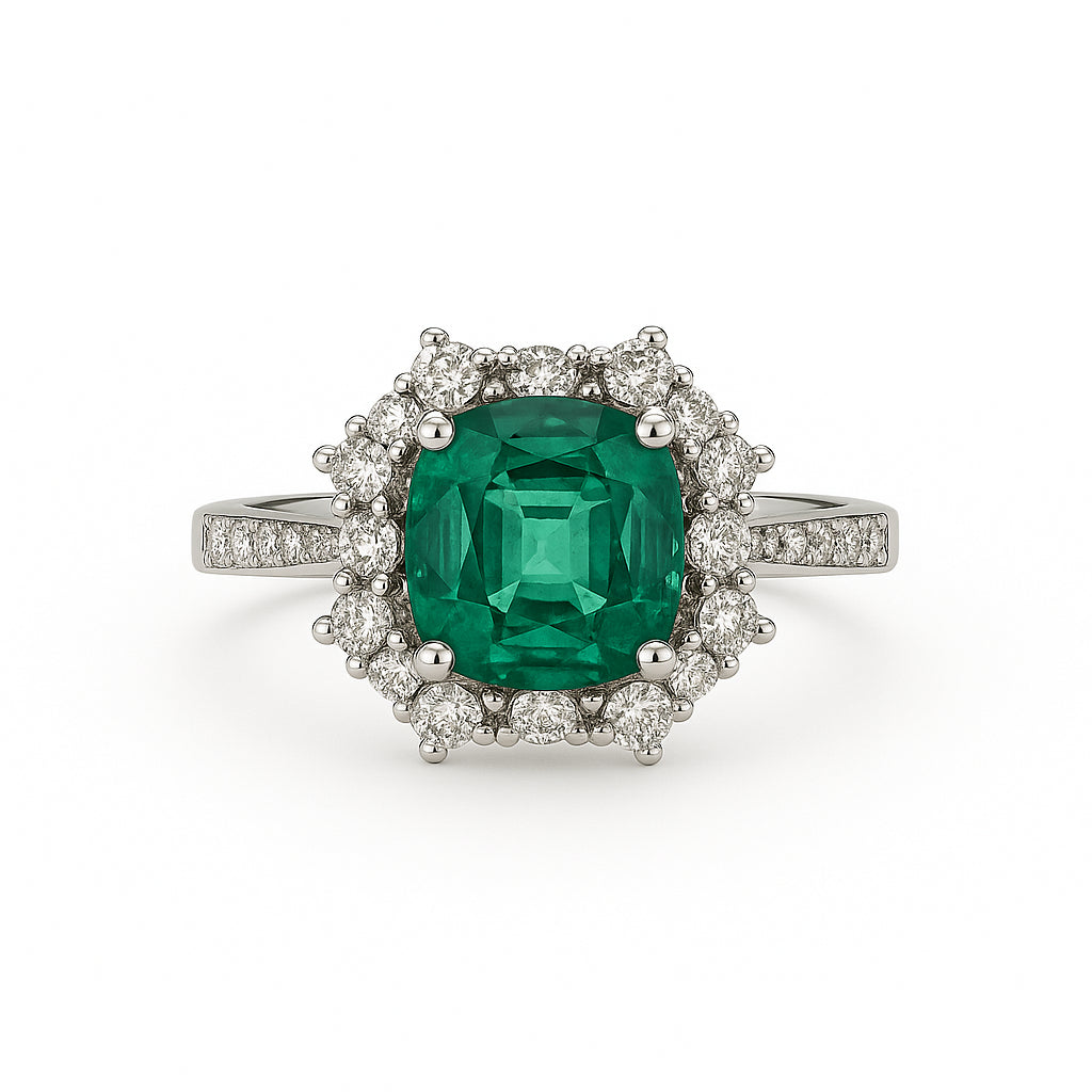 2.20 Carat Cushion Emerald Ring with Diamond Halo in 18 Karat White Gold