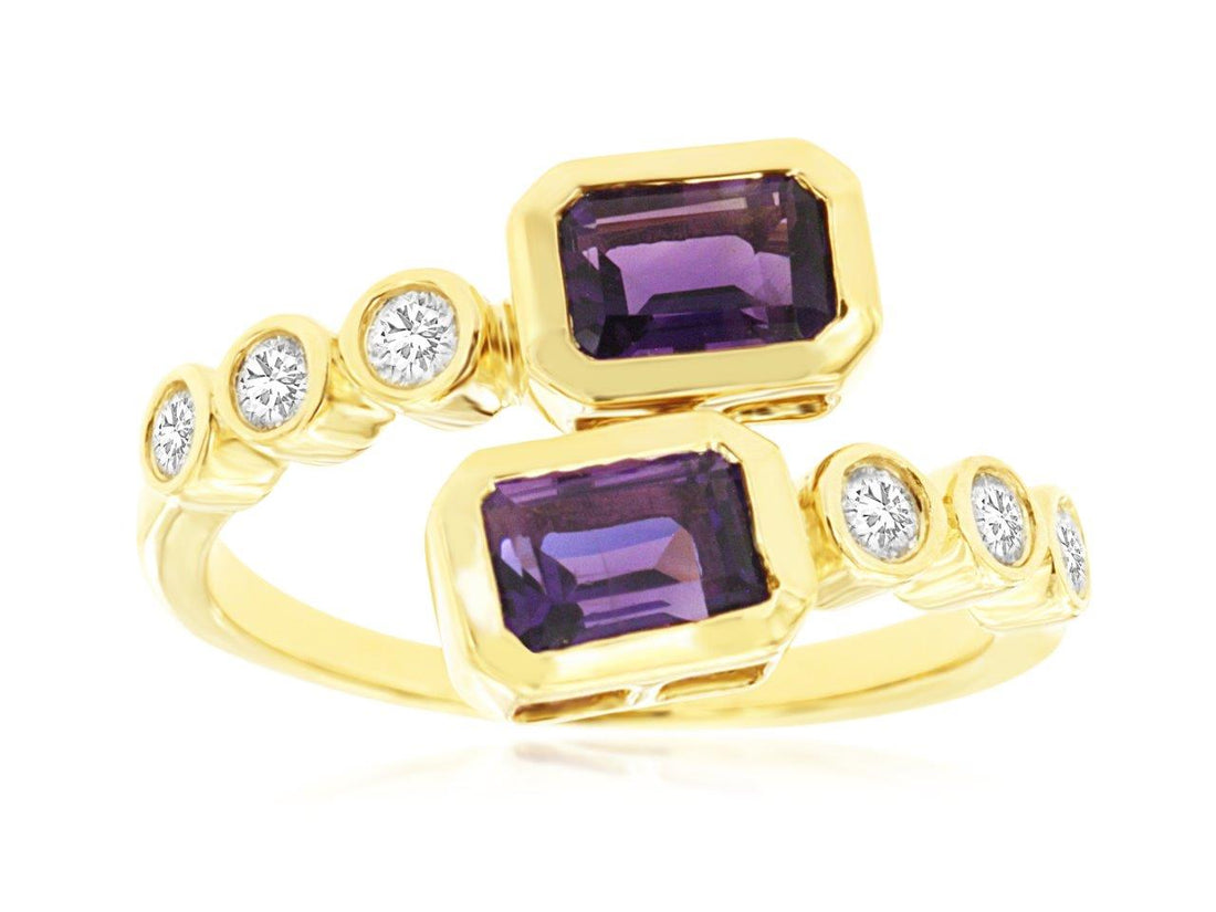 14K Yellow Gold Amethyst and Diamond Emerald Shape Ring - 1.3 Carat