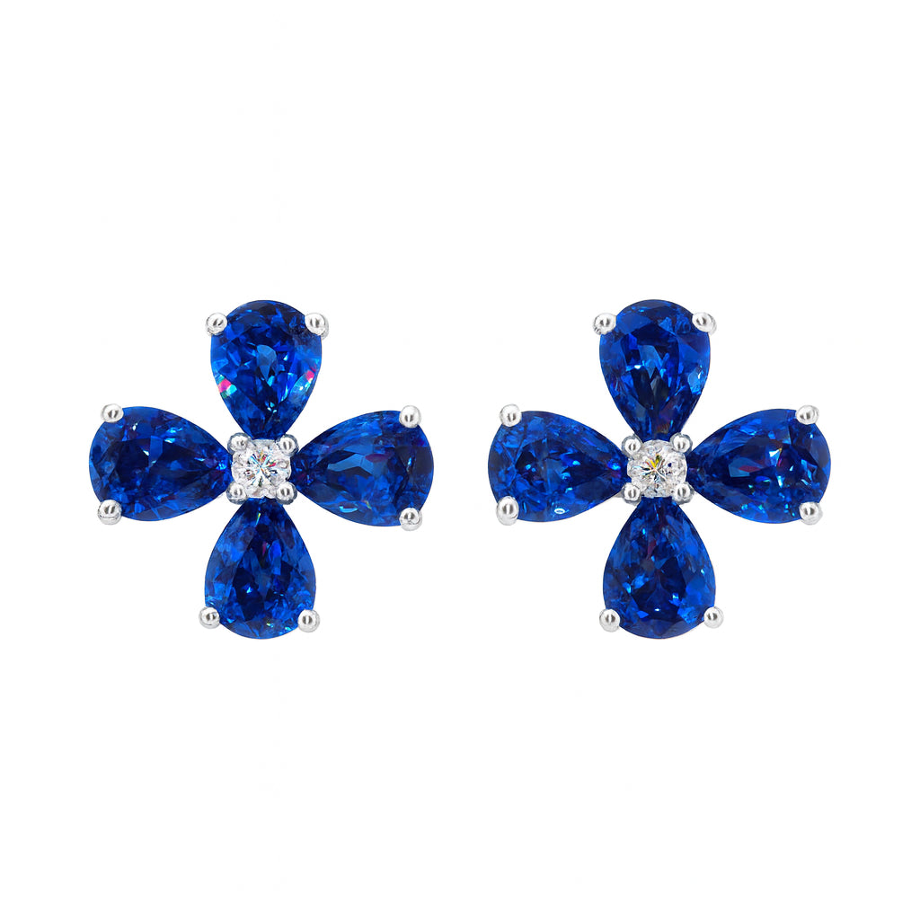 Blue Sapphire Flower Earrings in 14 Karat White Gold with Pear Shape (2.19 ct)