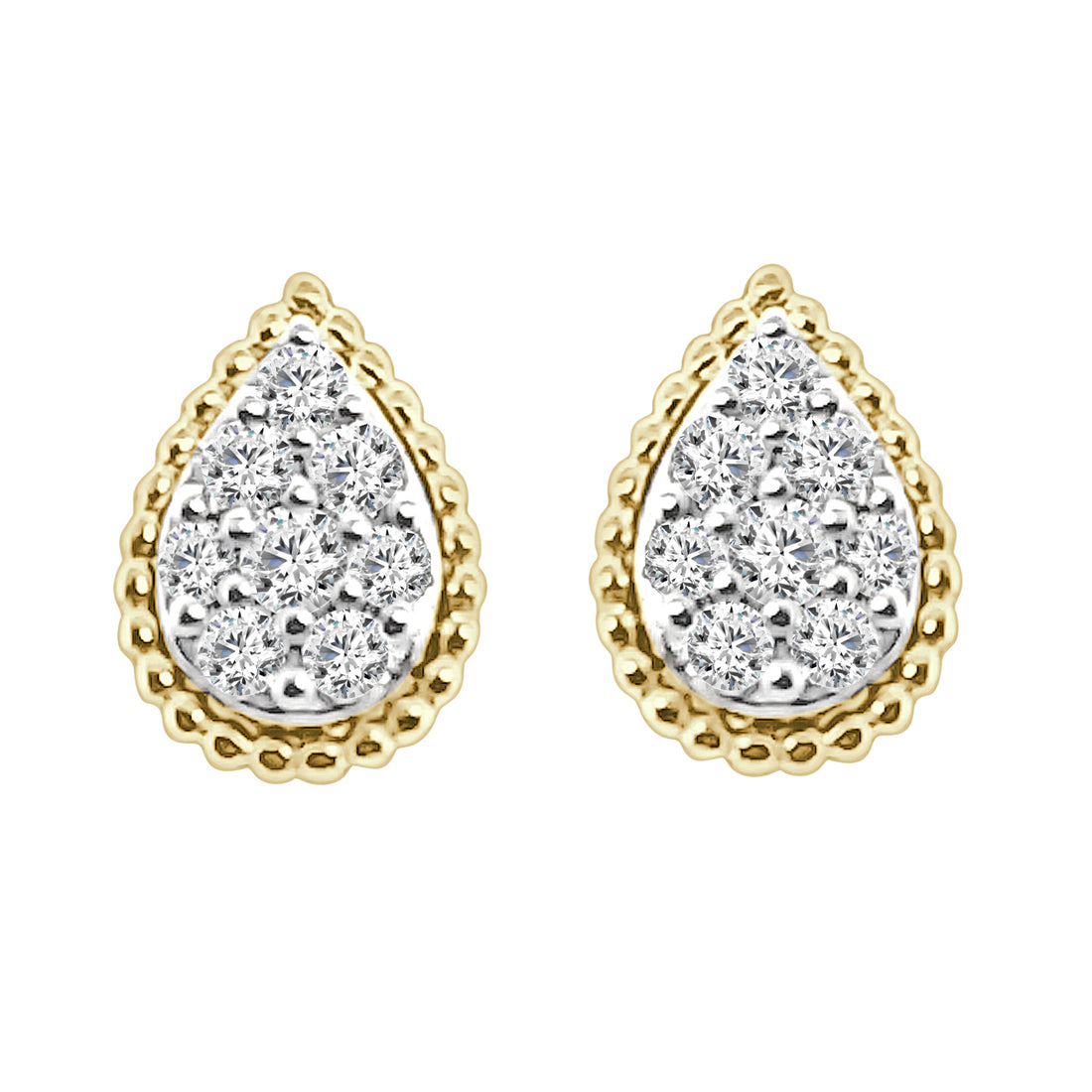 10K Yellow Gold Cluster Teardrop Beaded Earrings with Natural Diamond Accent - 0.25 Carat