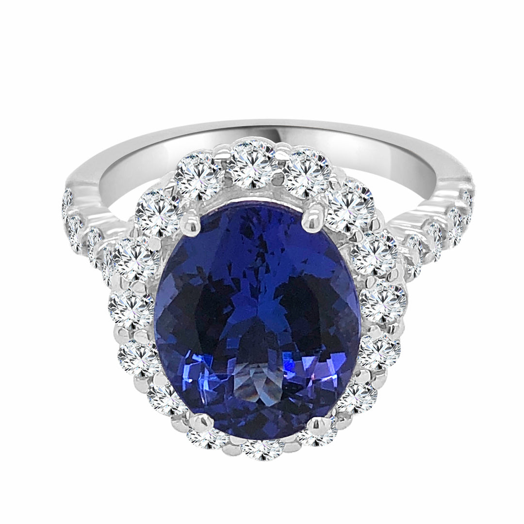 14 Karat White Gold Oval Halo Tanzanite Ring - 3.58 Carats