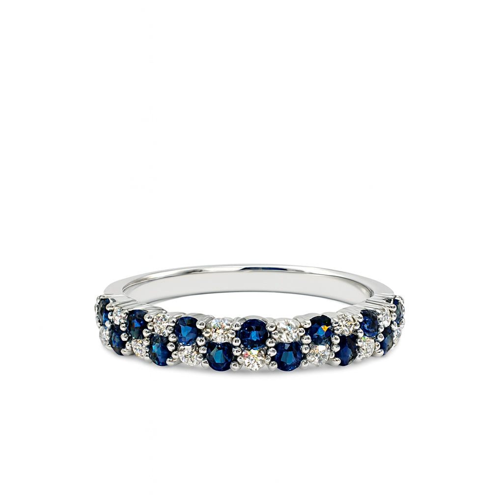 1.00 Carat Blue Sapphire and Diamond Two-Row Band Ring in 14K White Gold