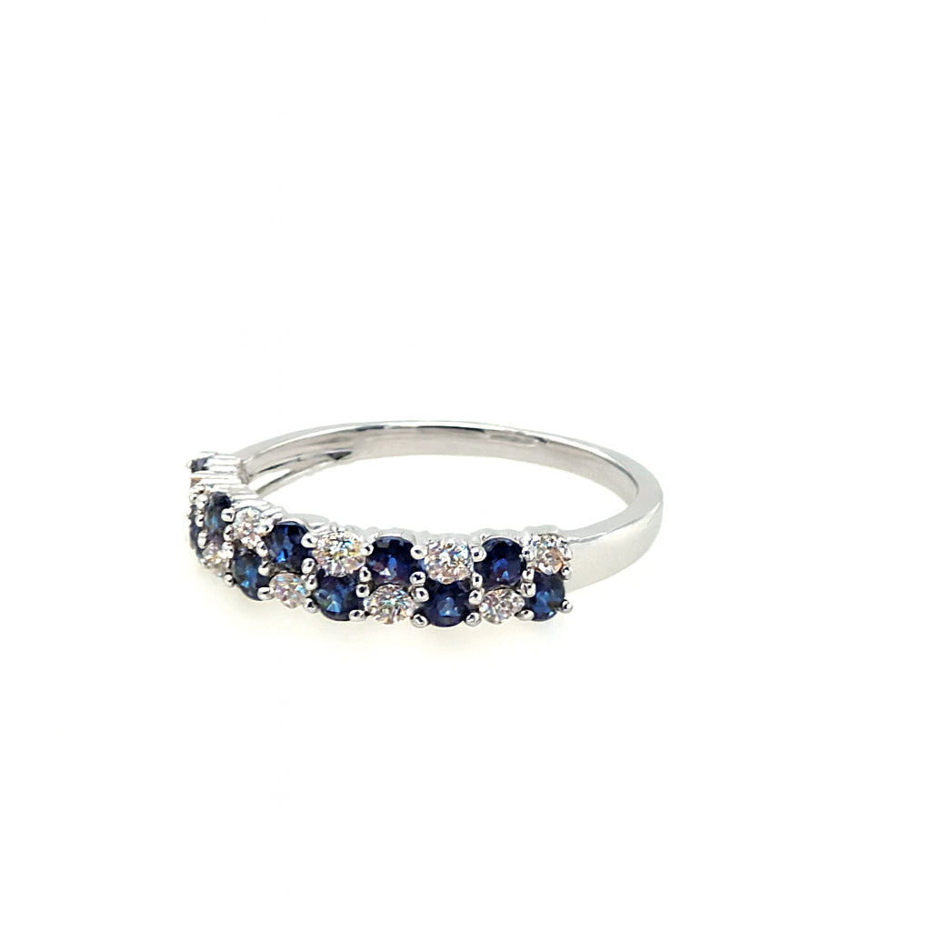 1.00 Carat Blue Sapphire and Diamond Two-Row Band Ring in 14K White Gold