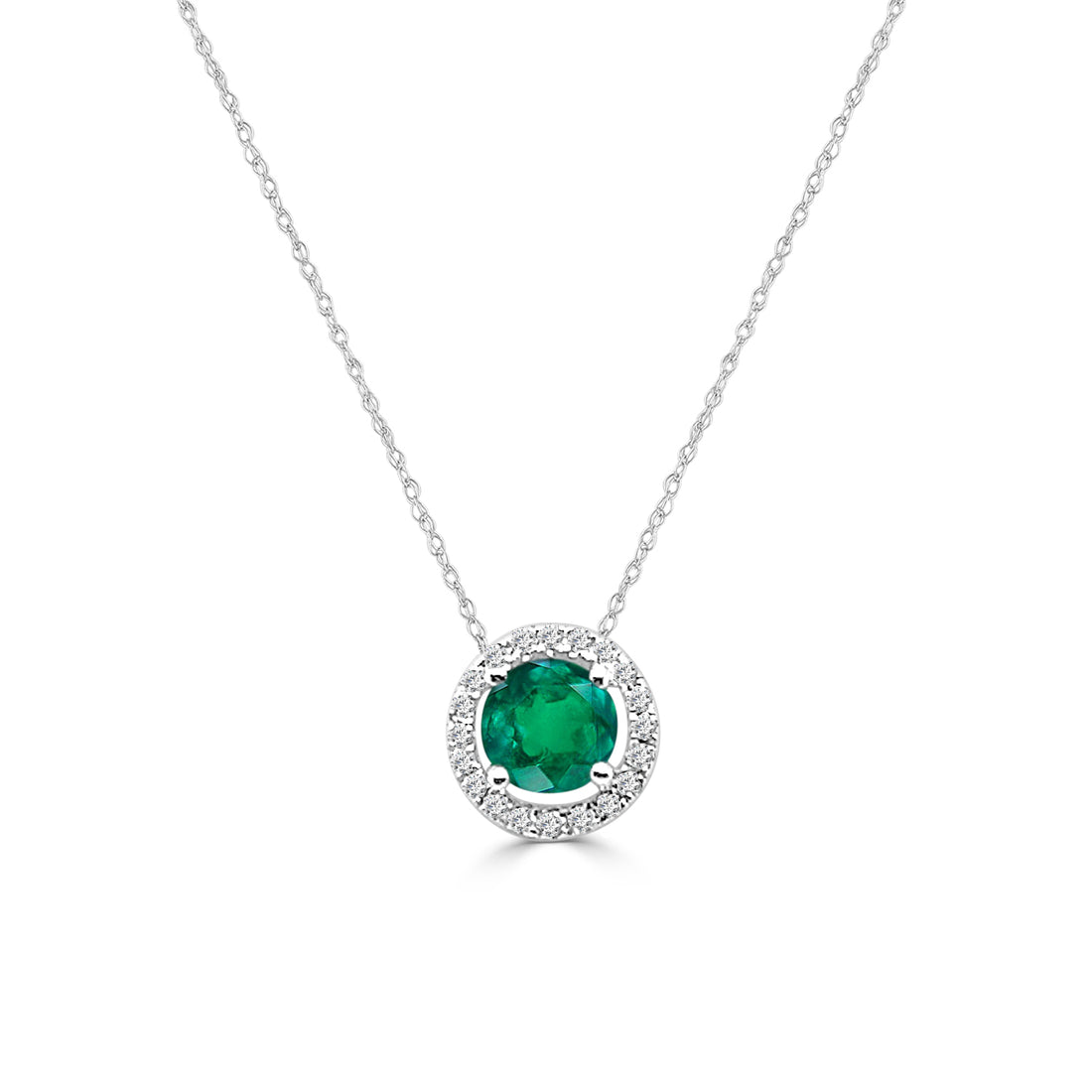 Emerald Halo Necklace in 14 Karat White Gold - Round Shape with 0.45 Carat Diamond Accent