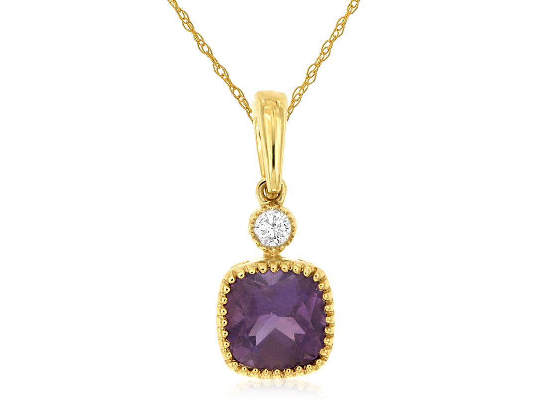 14K Yellow Gold Amethyst and Diamond Cushion Pendant Necklace - 0.75 Carats