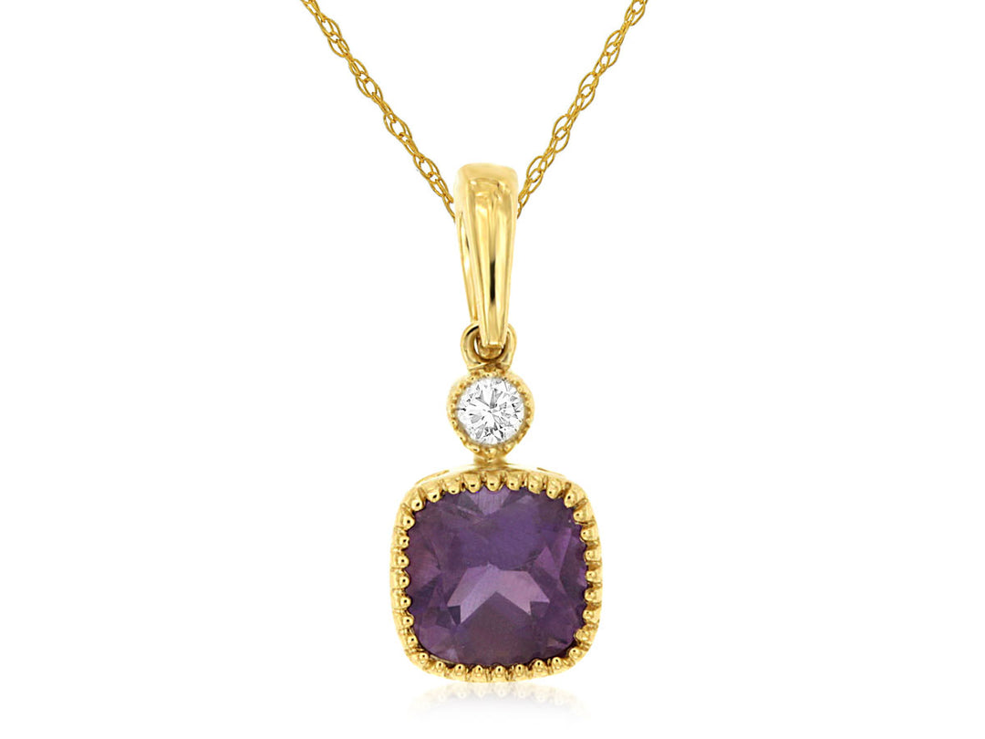 14K Yellow Gold Cushion Shape Amethyst and Diamond Pendant Necklace