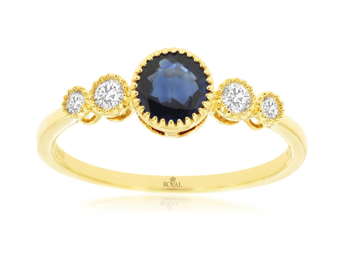 14K Yellow Gold Ring with Beaded Bezel, Blue Sapphire, and Natural Diamond for Ladies