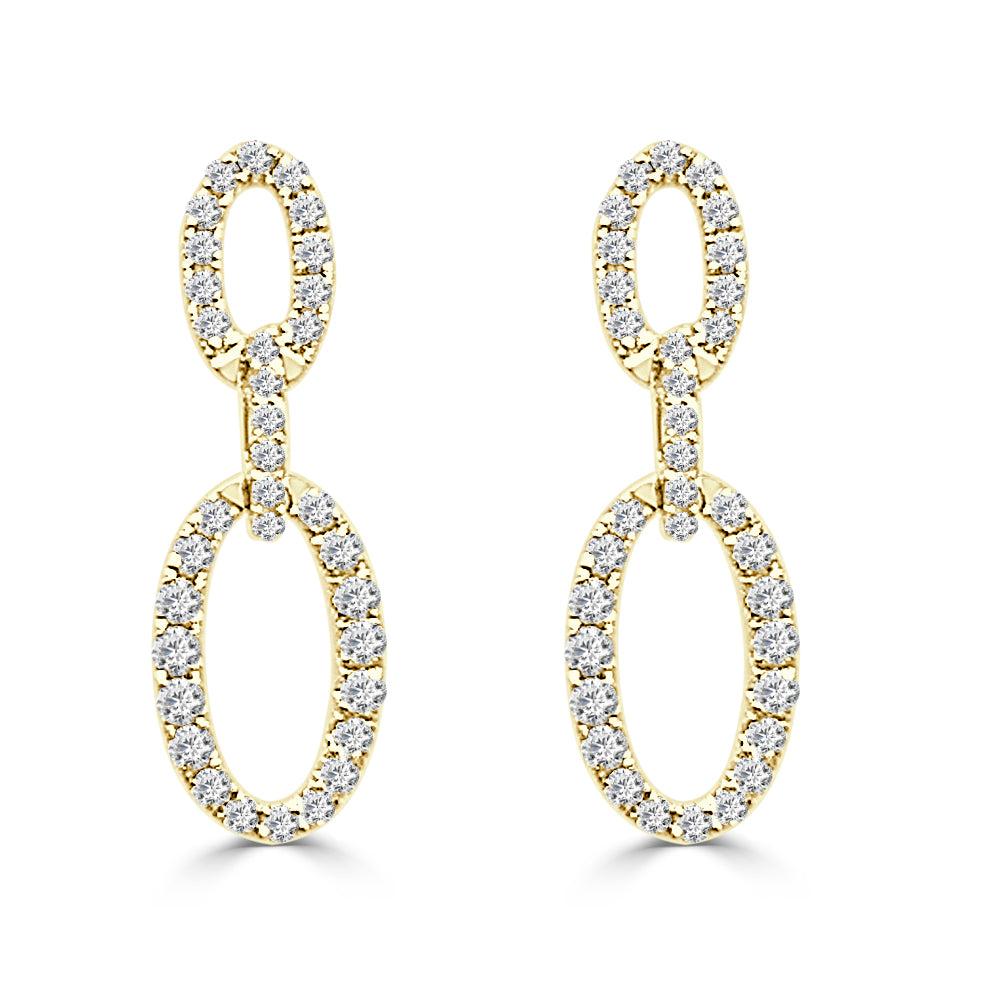 14K Yellow Gold Linked Oval Drop Earrings with 0.93ct Natural Round Diamond