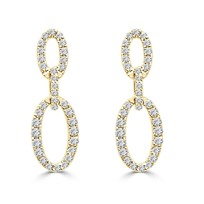 14K Yellow Gold Linked Oval Drop Earrings with 0.93ct Natural Round Diamond