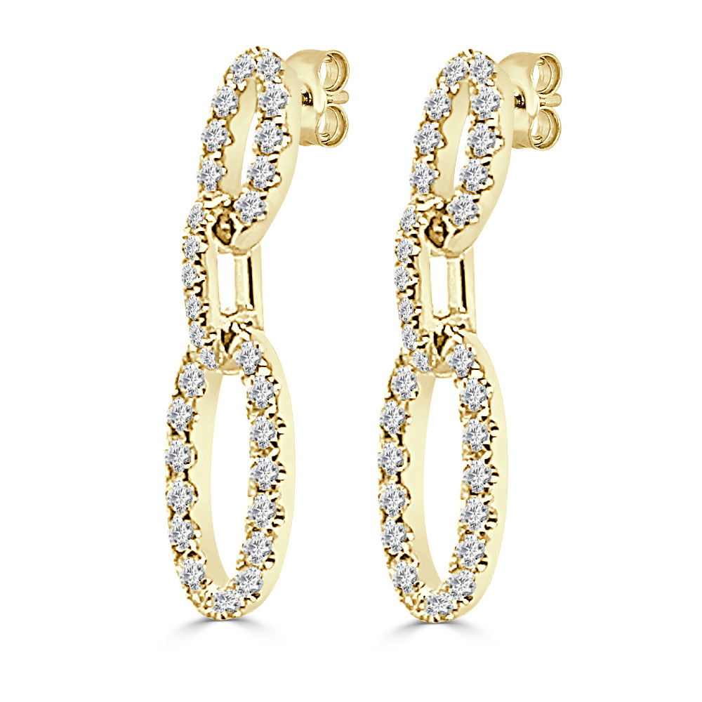 14K Yellow Gold Linked Oval Drop Earrings with 0.93ct Natural Round Diamond