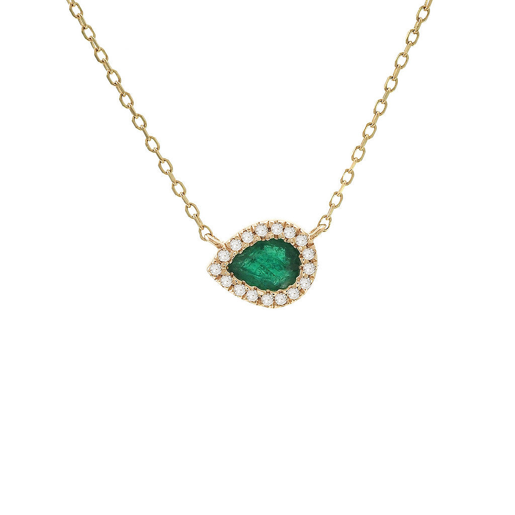 Emerald Halo Necklace in 14 Karat Yellow Gold - Pear Shape 0.18