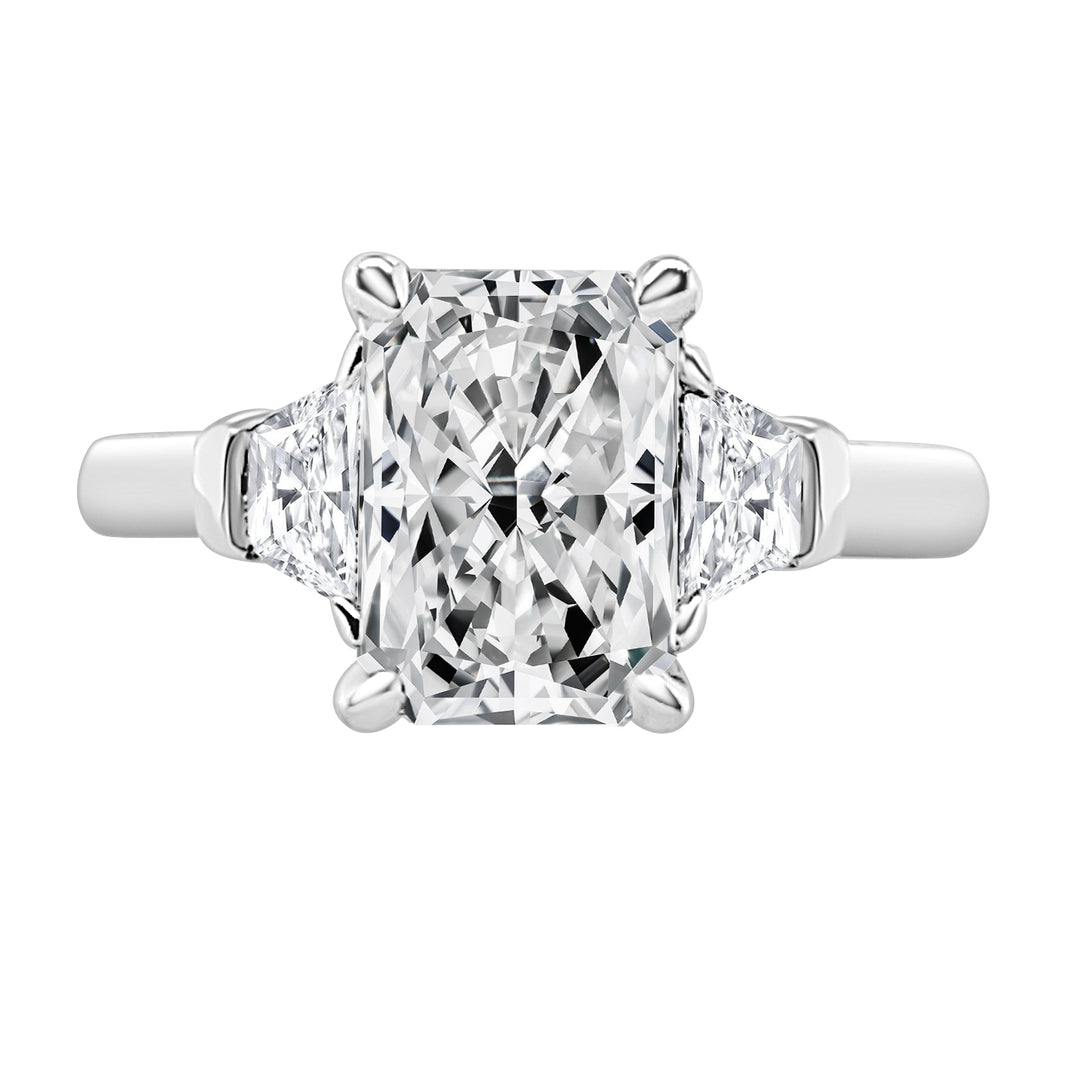 Radiant Beauty: 14 Karat White Gold Engagement Ring with Trapezoid Sides and Lab Diamond