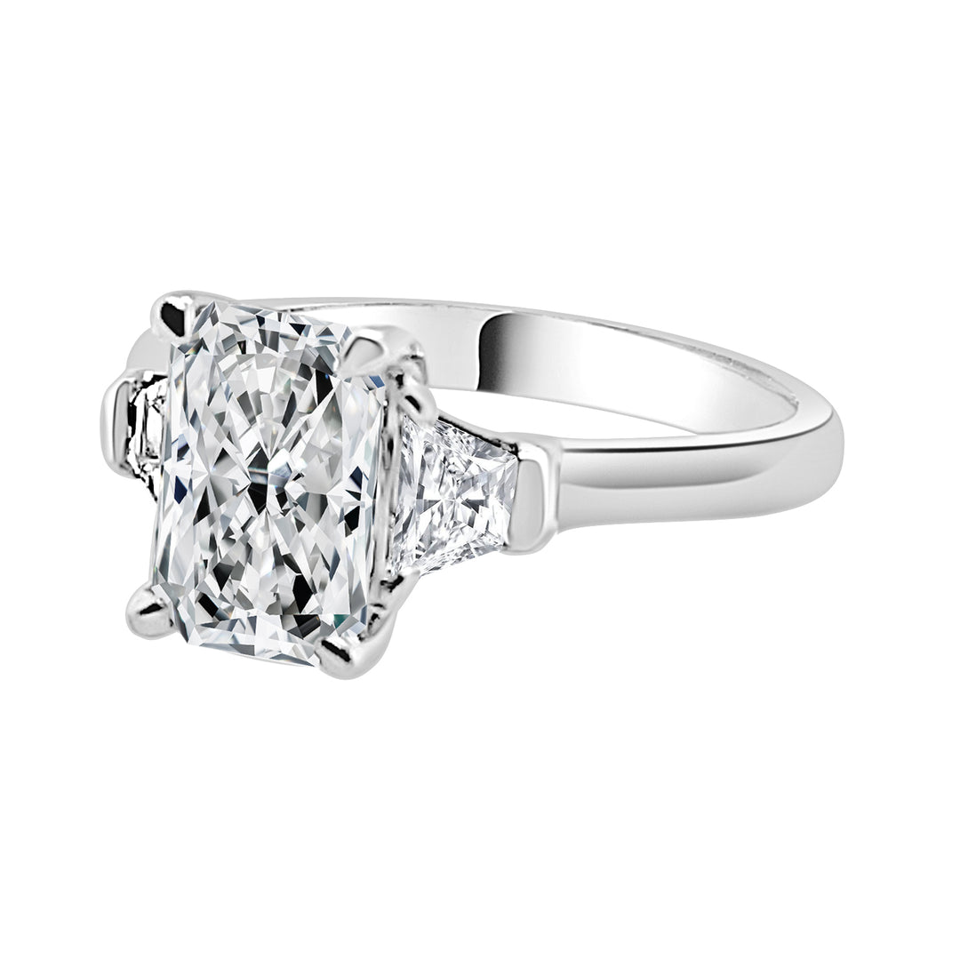 Radiant Beauty: 14 Karat White Gold Engagement Ring with Trapezoid Sides and Lab Diamond