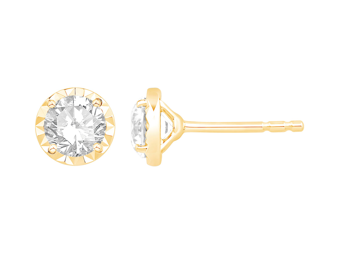 14 Karat Yellow Gold Illusion Set Lab Diamond Stud Earrings, Round Shape, 1.00 Carat