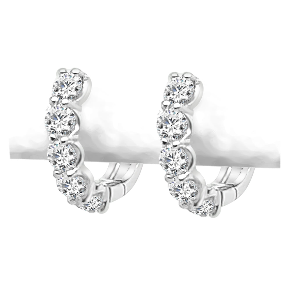 14K White Gold Shared Prong Diamond Hoop Earrings with 1.11 ct Round Natural Diamonds
