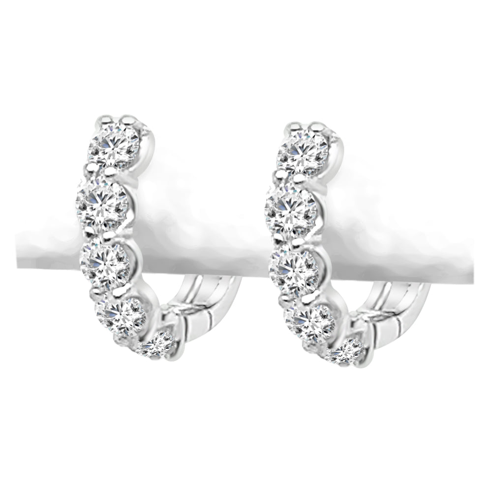 1.11 Carat Round Natural Diamond Shared Prong Diamond Hoop Earrings in 14 Karat White Gold