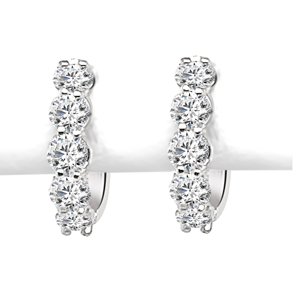14K White Gold Shared Prong Diamond Hoop Earrings with 1.11 ct Round Natural Diamonds