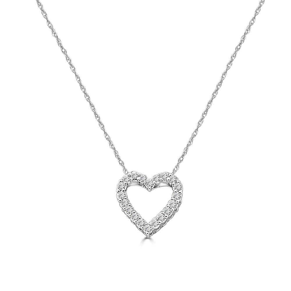 10 Karat White Gold Open Heart Diamond Pendant Necklace - 0.52 Carat Round Shape Natural Diamond with 0.25 Carat Round Shape Natural Diamond Accents