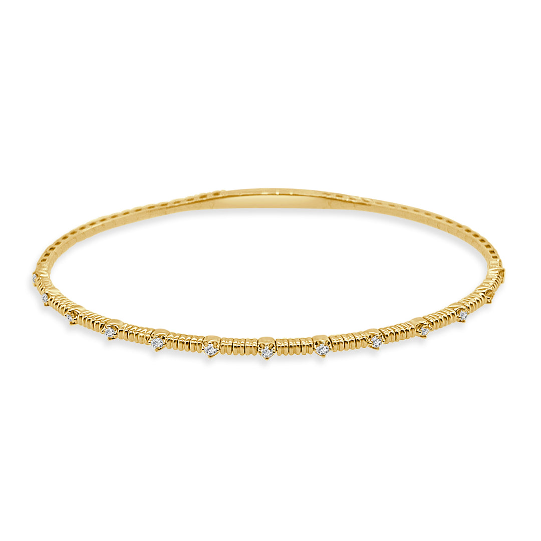 14 Karat Yellow Gold Textured Station Flex Bangle with Natural Diamond, 0.19 Carat