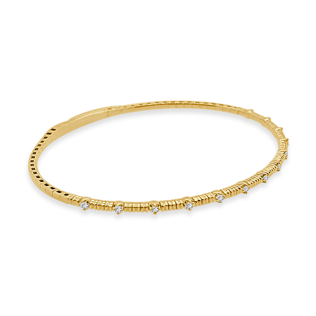 14 Karat Yellow Gold Textured Station Flex Bangle with Natural Diamond, 0.19 Carat