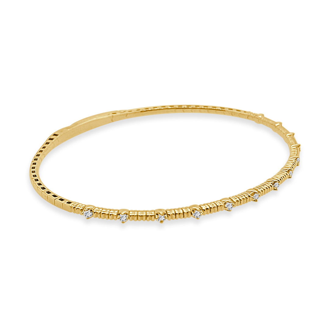 14 Karat Yellow Gold Textured Station Flex Bangle with Natural Diamond, 0.19 Carat