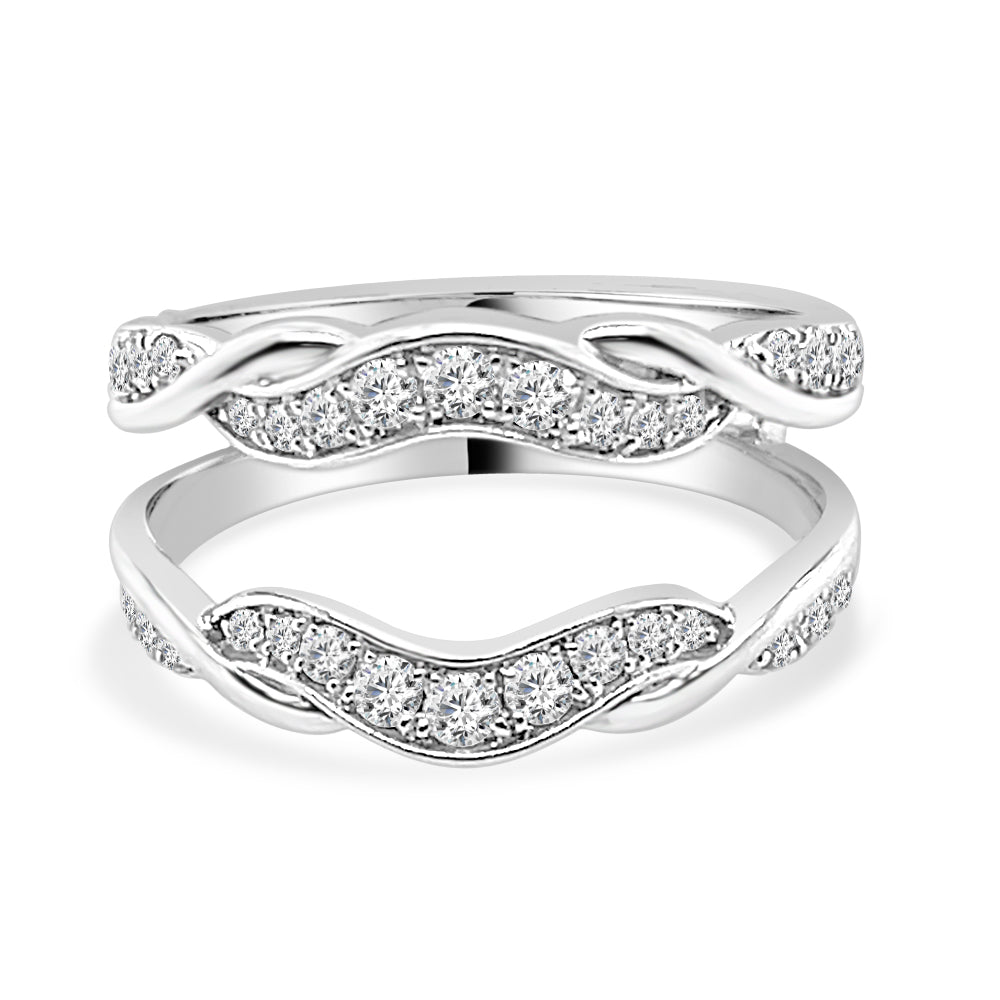 14K White Gold Wedding Band with Graduated Diamond Twisted Ring Guard - 0.50 ct Natural Round Diamond