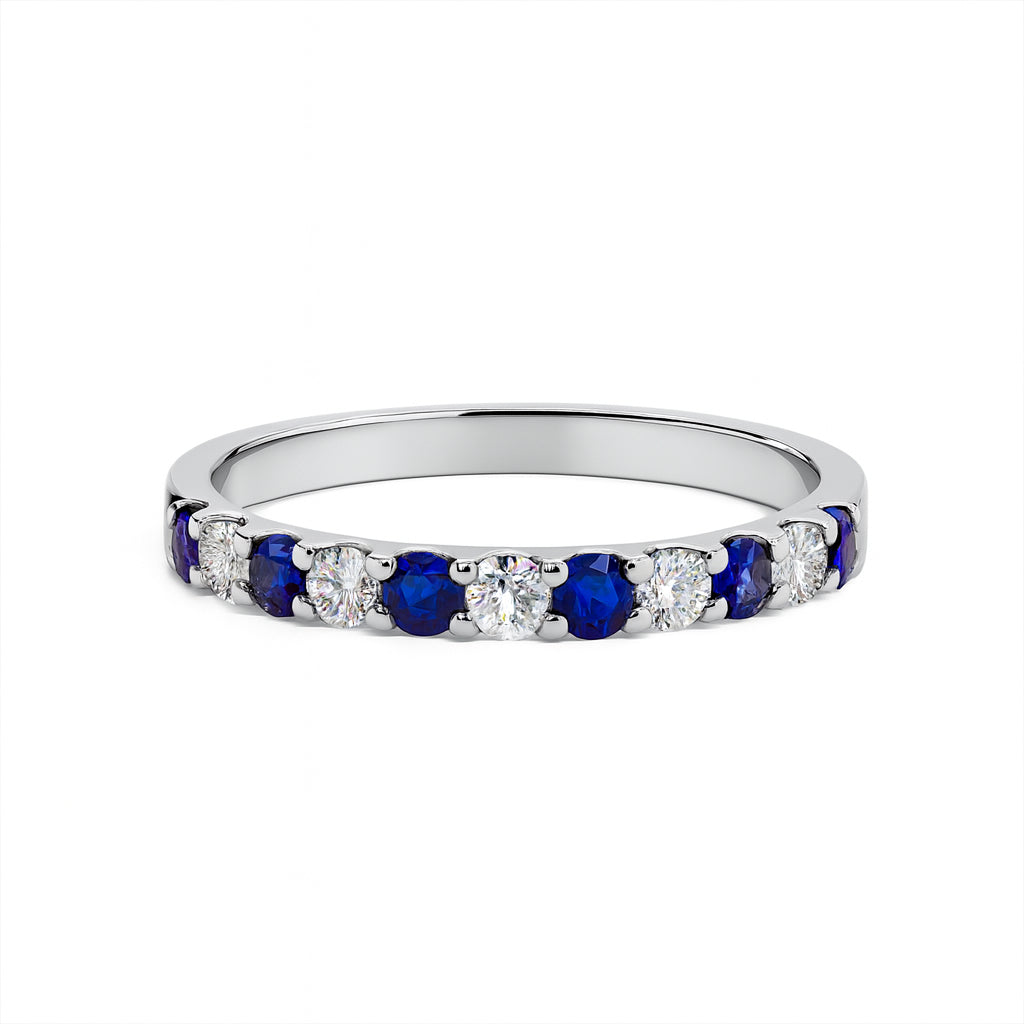 Sapphire and Diamond Straight Band Ring in 18 Karat White Gold with Blue Sapphire - Round Shape (0.24 ct)