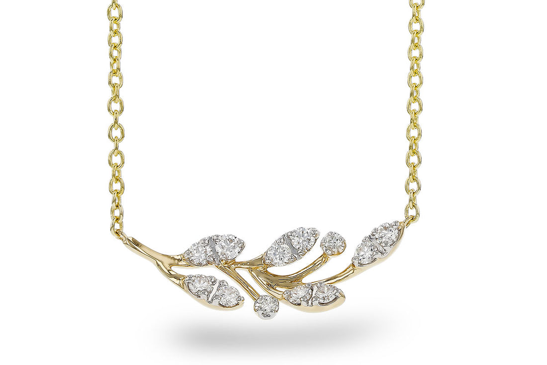 14 Karat Yellow Gold Leaf Necklace with Natural Diamond - Round Shape 0.32