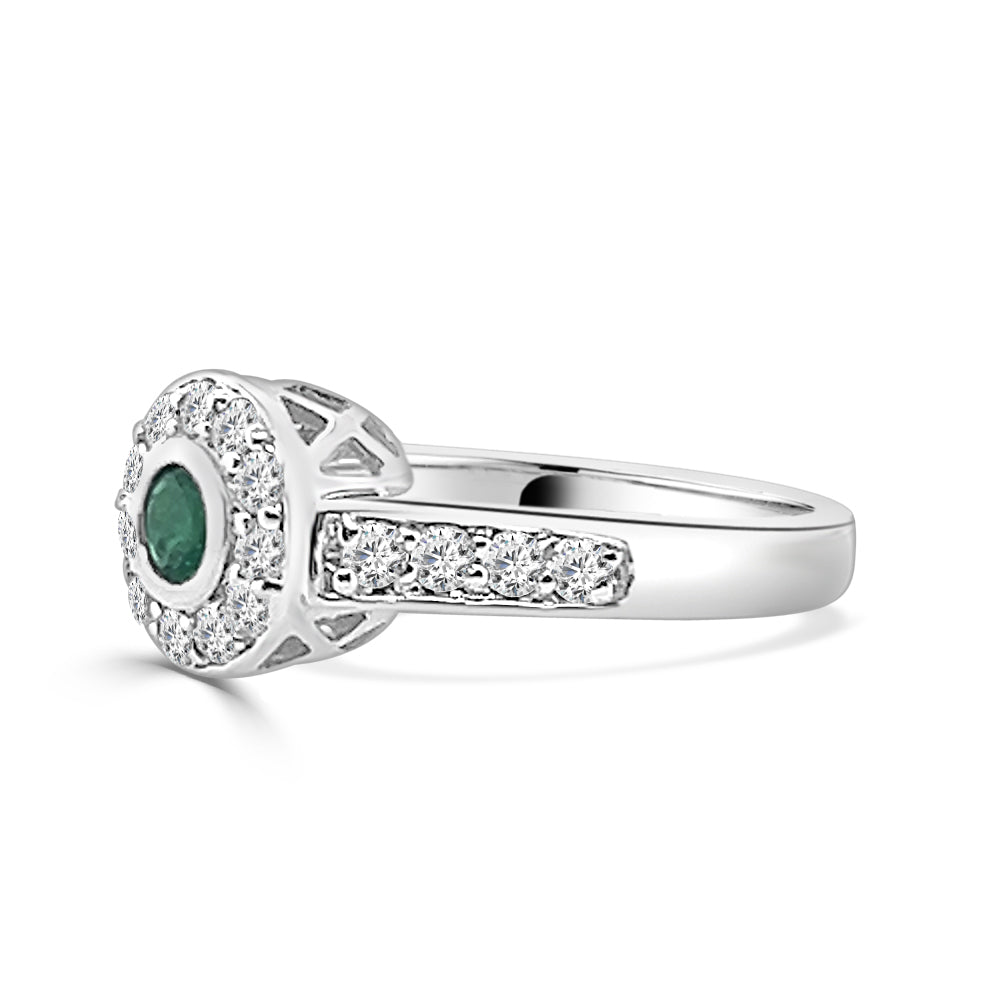 14K White Gold Bezel Set Emerald and Diamond Ring with Round Shape 0.30 ct