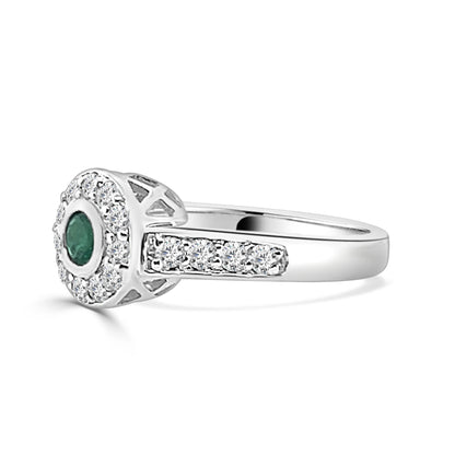 Bezel Set Emerald and Diamond Ring - 14 Karat White Gold, Round Shape, 0.30 Carats