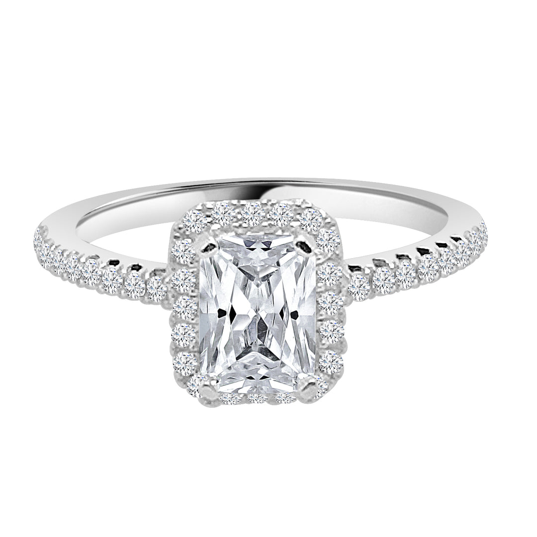 Dazzling Emerald Engagement Mounting in 14 Karat White Gold with Sparkling Cubic Zirconia