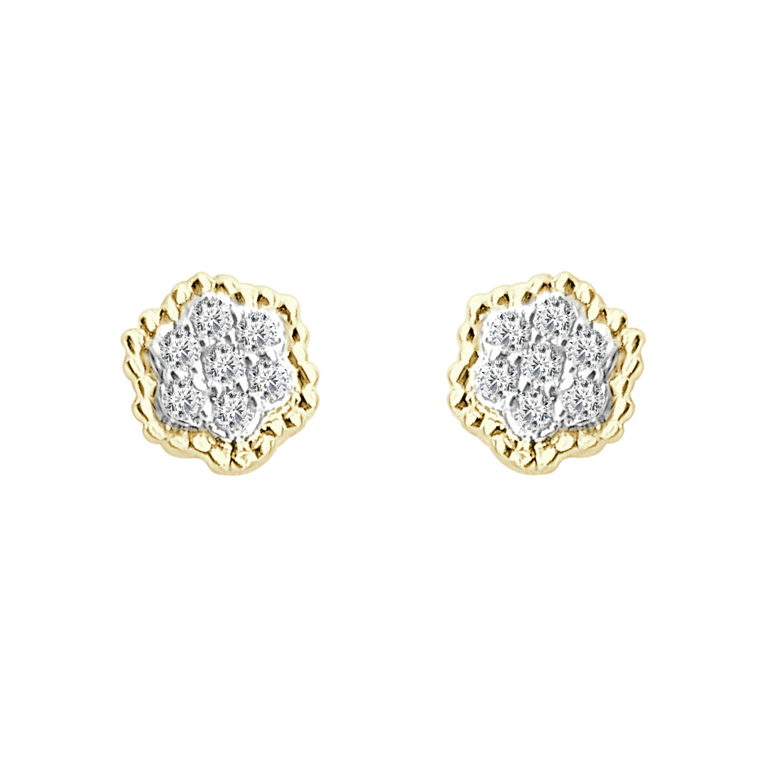 14K Yellow Gold Beaded Halo Floral Cluster Earrings with 0.21 Carat Natural Diamond