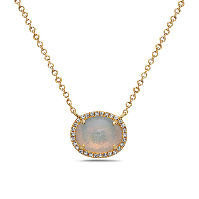 14k Yellow Gold Oval Cabochon Opal Necklace with Halo Detail