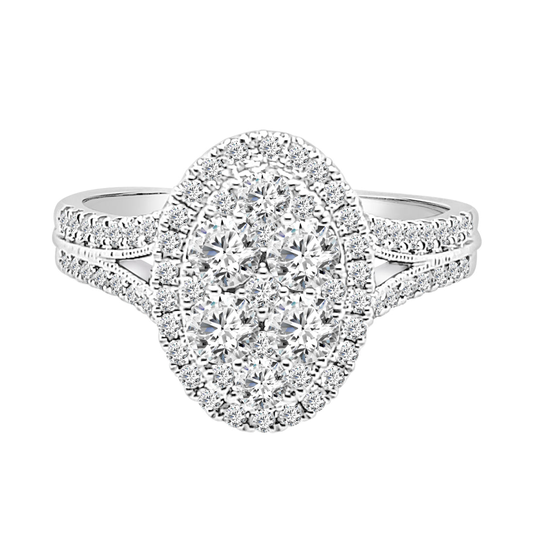 1.00ct Natural Diamond Split Shank Cluster Oval Engagement Ring in 14K White Gold