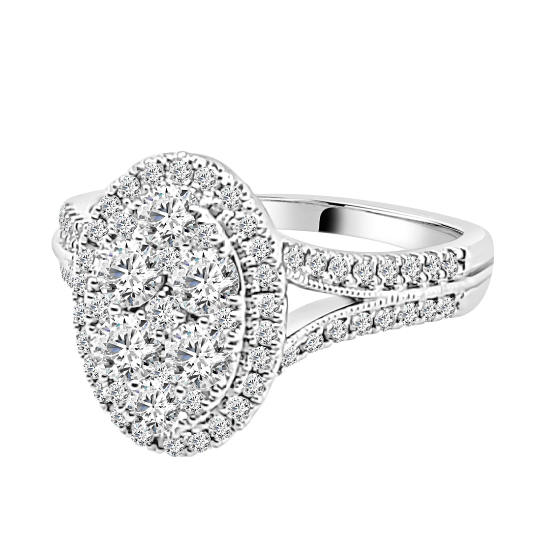 1.00ct Natural Diamond Split Shank Cluster Oval Engagement Ring in 14K White Gold