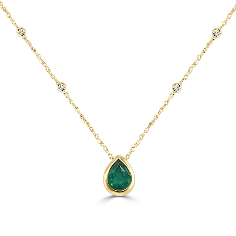 14K Yellow Gold Bezel Set Pear Emerald and Diamond Station Necklace - 1.80 Carat Pear Shape Emerald