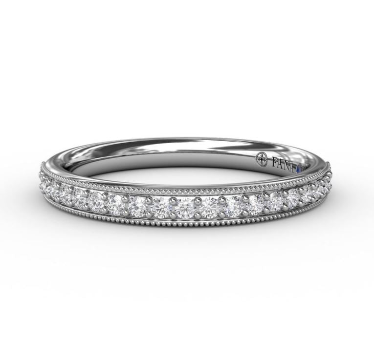 Elegant Milgrain Wedding Band in 14 Karat White Gold with Natural Diamond Accents