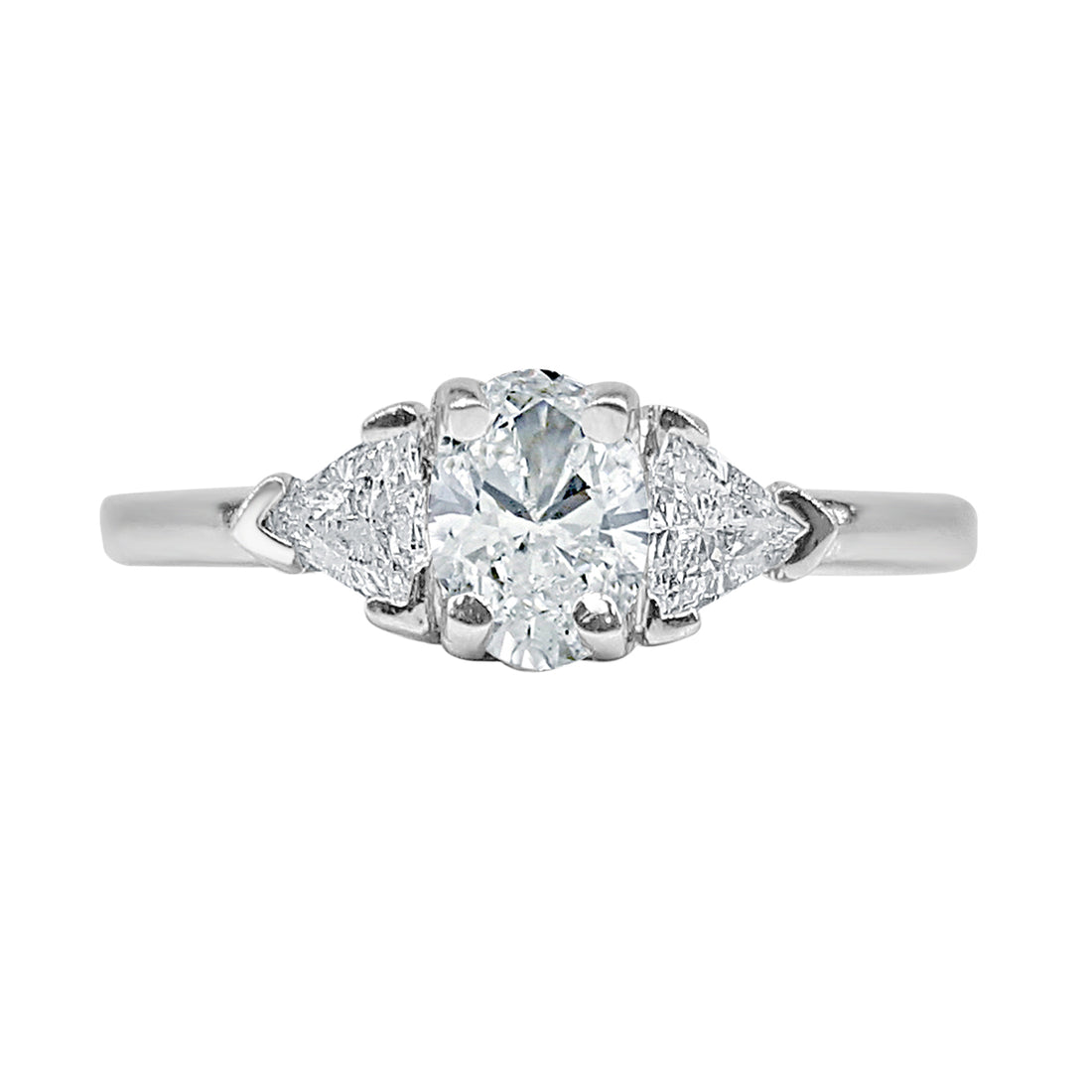 Oval and Trillion Diamond Engagement Ring in 14 Karat White Gold - 0.71 Carat Natural Diamond