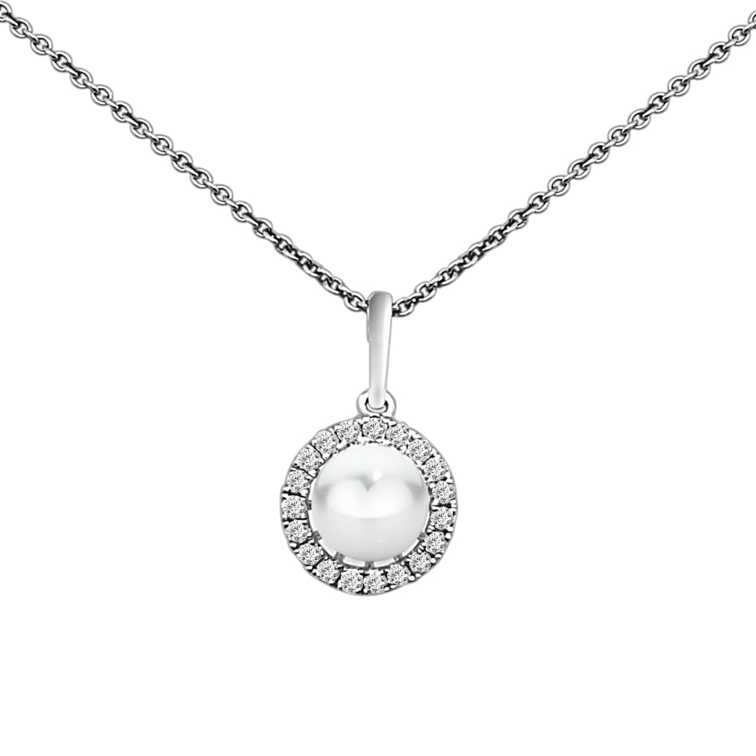 14 Karat White Gold Round Halo Drop Pearl Necklace